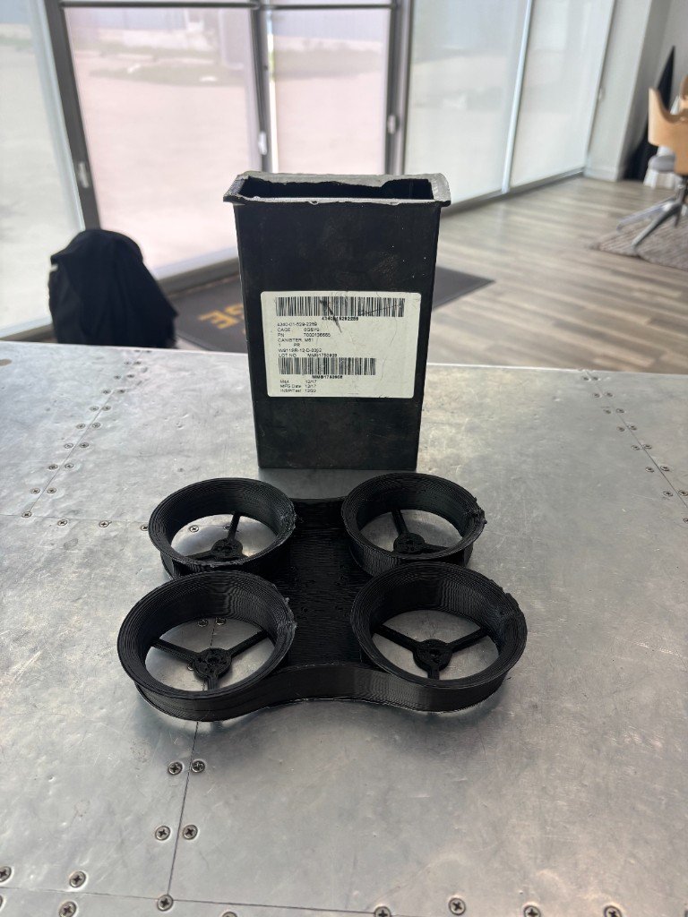 Recycled plastic canister and FGF-printed drone frame from the Re:3D internship